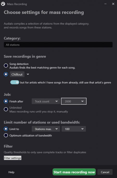 Start mass recording of radio stations in best quality with Audials One